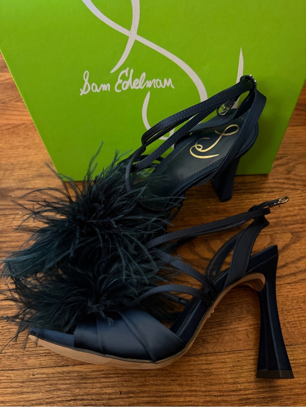 Sam Edelman Teal Feather Layton Navy Satin  Slingback Heels Womens 8-NWT